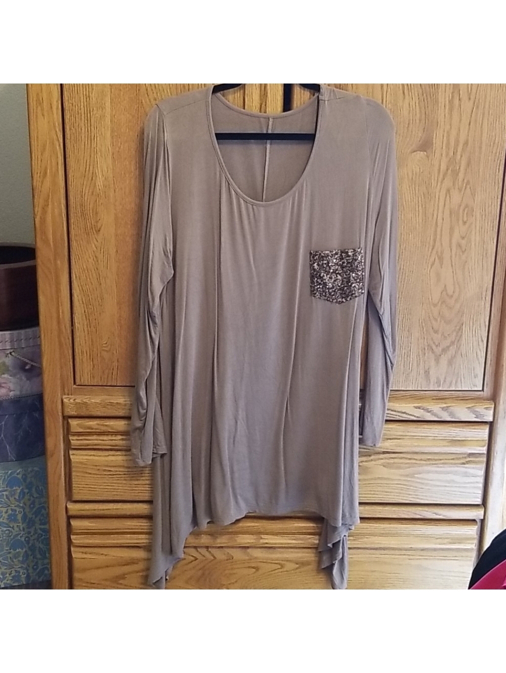 Tan Women's Long Sleeve Asymmetric Tunic with Sequin Pocket, Size 3XL